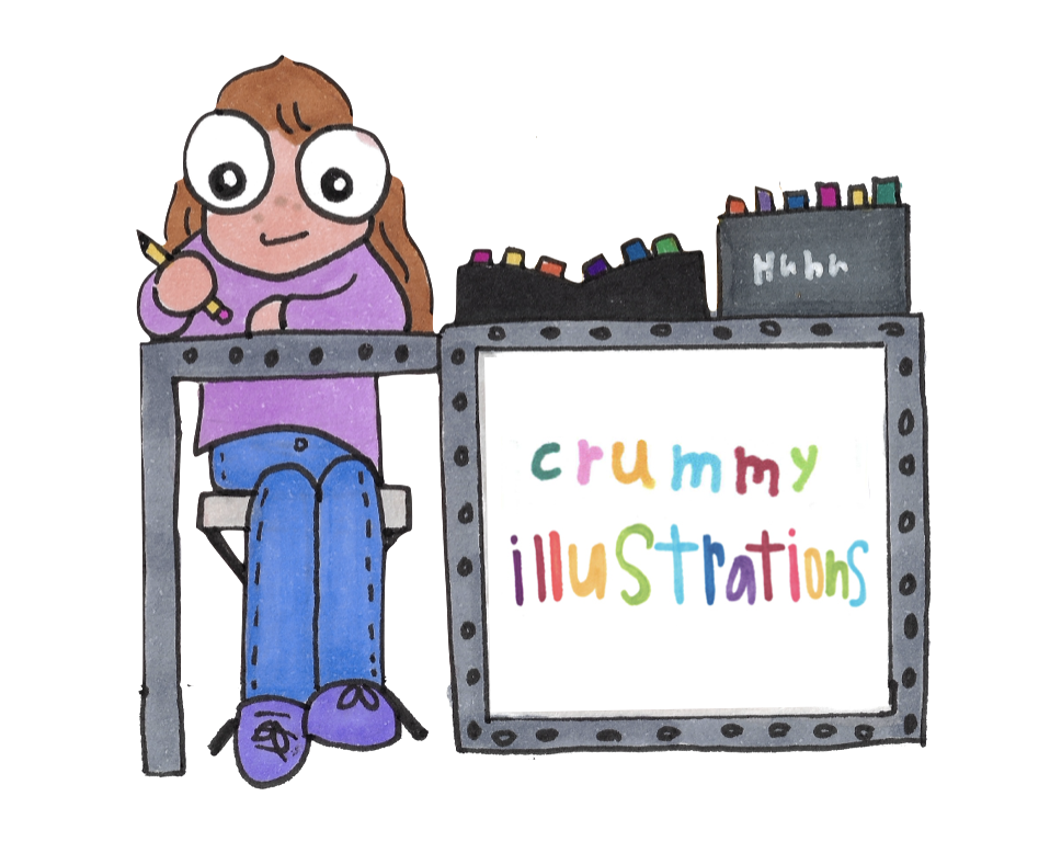 Crummy Illustrations logo with a cartoon artist drawing at her desk