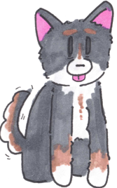 Hand-drawn cartoon portrait of a gray and white dog