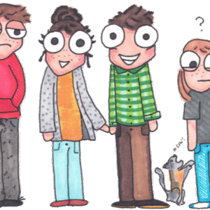 Simple Crummy custom cartoon portrait of four friends and their cat