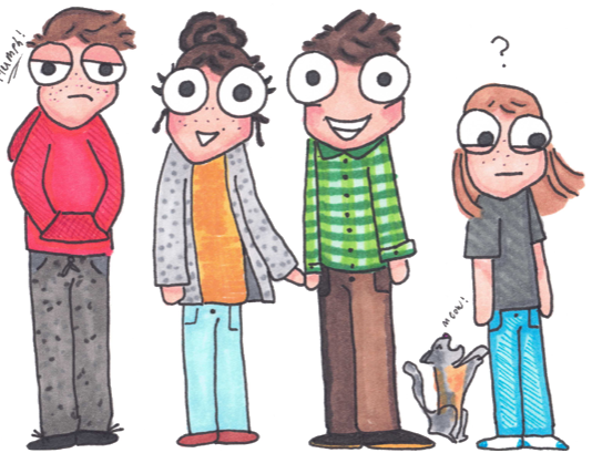 Simple Crummy custom cartoon portrait of four friends and their cat