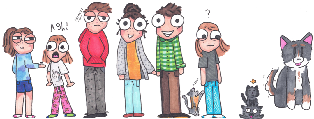 Custom cartoon family portrait of parents, kids and pets in a row