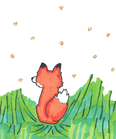 Hand-drawn orange fox sitting in tall green grass