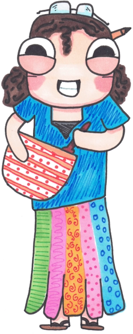 Custom cartoon portrait of a girl in a colorful patchwork skirt