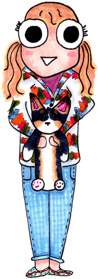 Custom cartoon portrait of a girl holding her black and white pet