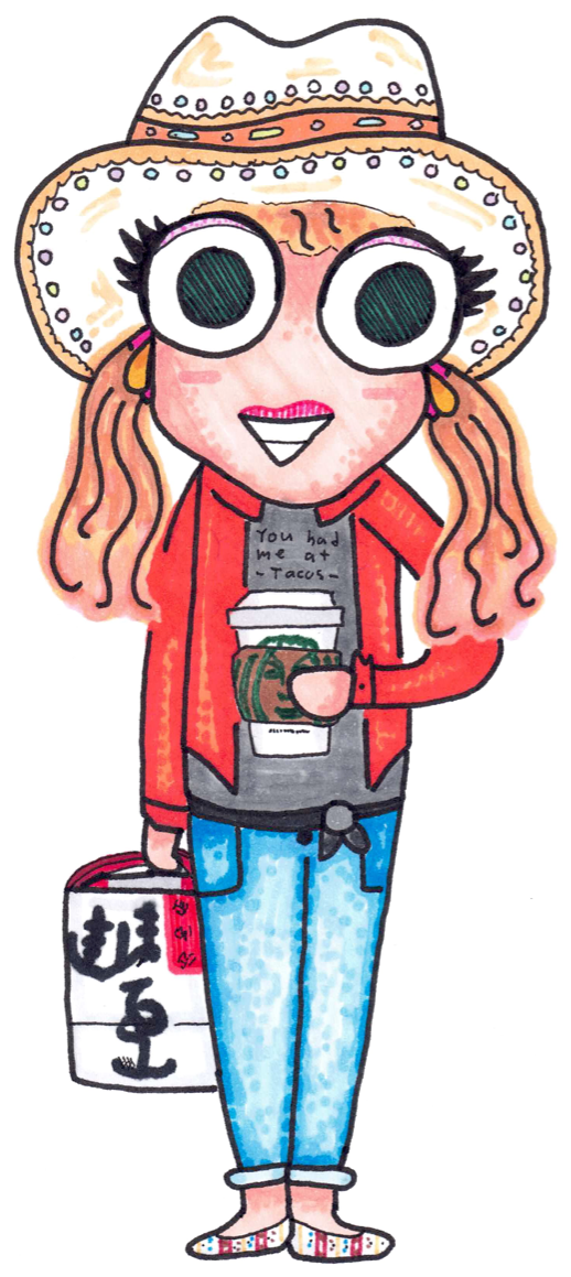 Custom cartoon portrait of a girl in a sun hat and red jacket