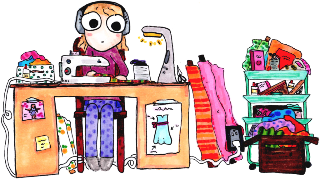 Detailed custom cartoon portrait of a girl at her sewing desk