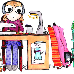 Detailed custom cartoon portrait of a girl at her sewing desk