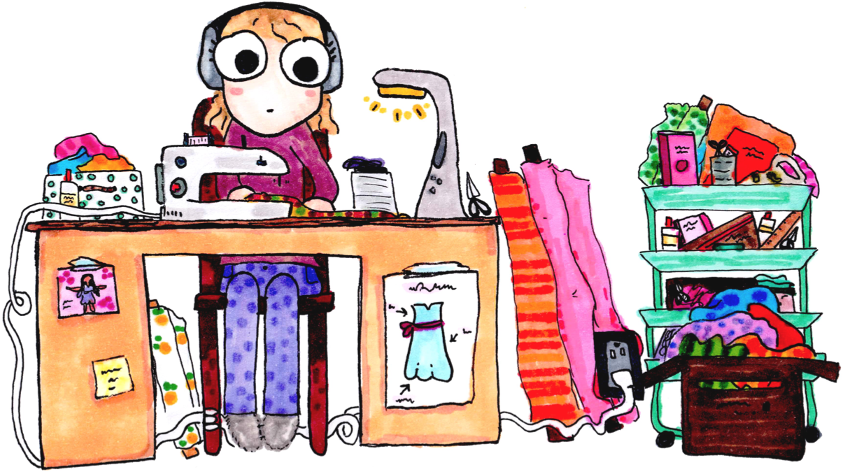 Detailed custom cartoon portrait of a girl at her sewing desk